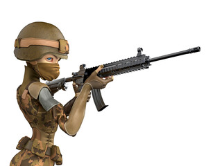 soldier girl cartoon girl is holding a rifle - obrazy, fototapety, plakaty