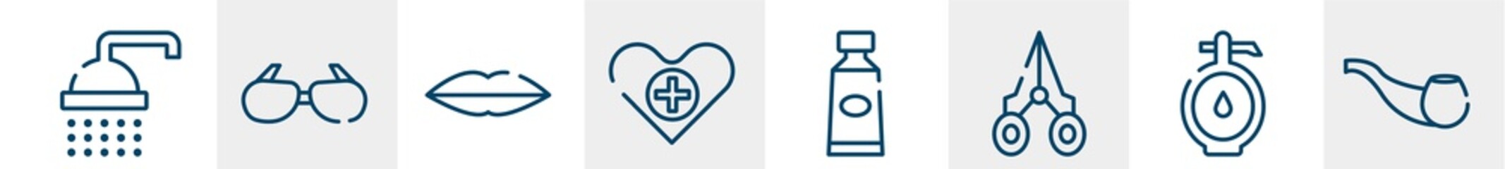 hipster line icons such as bathing, sun glasses, seductive, health care, toothpaste, smoking pipe outline vector sign. symbol, logo illustration. linear style icons set. pixel perfect vector