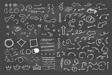 Set of scribble brush doodle element isolated on blackboard. vector illustration