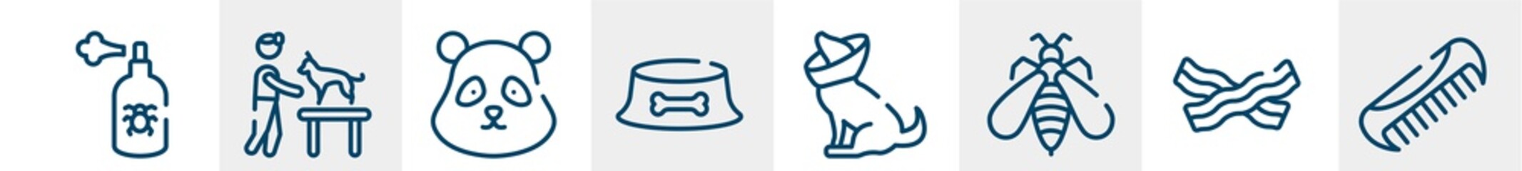 pet shop line icons such as spray, dog and veterinarian, panda bear head, dog dish, cone of shame, pet comb outline vector sign. symbol, logo illustration. linear style icons set. pixel perfect