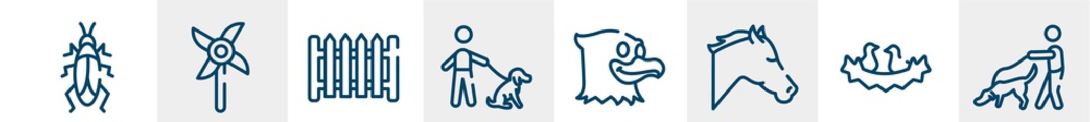 dogs line icons such as roach, pinwheel, garden fence, dog with owner, eagle, dog and a man outline vector sign. symbol, logo illustration. linear style icons set. pixel perfect vector graphics.