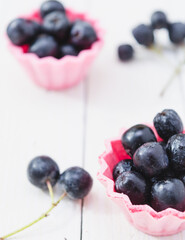 Chokeberry fruit in pink cup cake on a light wooden boards.