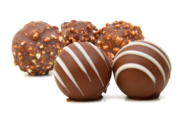 Chocolate candies collection. Beautiful Belgian truffles isolated on white background