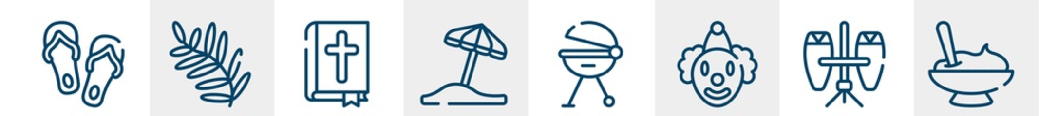 Obraz premium thanksgiving line icons such as flip flops, fern, bible, sun umbrella, grill, mashed potatoes outline vector sign. symbol, logo illustration. linear style icons set. pixel perfect vector graphics.