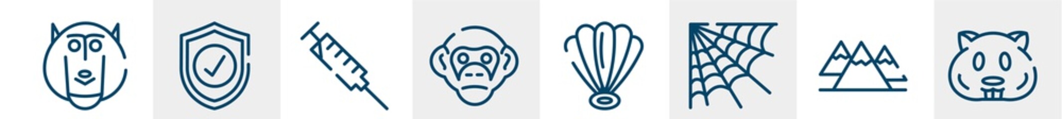 animal head line icons such as baboon, guard, syringe, chimpanzee, shell, hamster outline vector sign. symbol, logo illustration. linear style icons set. pixel perfect vector graphics.