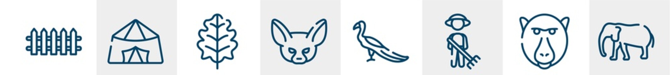 Obraz premium in the zoo line icons such as fence, jaima tent, oak leaf, fennec, peacock, elephants outline vector sign. symbol, logo illustration. linear style icons set. pixel perfect vector graphics.