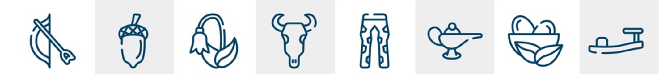 desert line icons such as bow and arrow, acorn, harebell, bull skull, fatigue, sandals outline vector sign. symbol, logo illustration. linear style icons set. pixel perfect vector graphics.