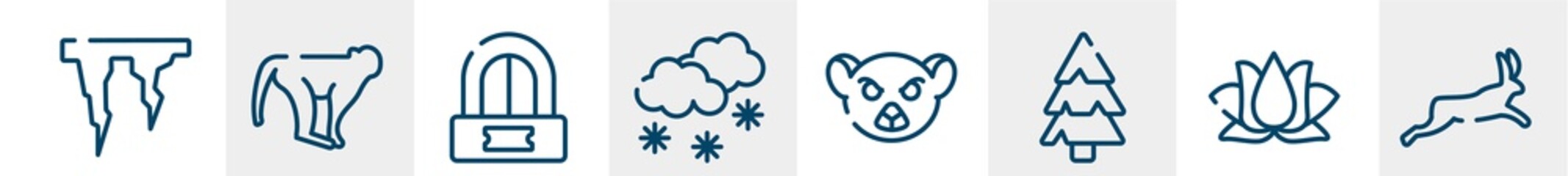 winter nature line icons such as icicle, monkeys, ticket office, snowy, lemur, hare outline vector sign. symbol, logo illustration. linear style icons set. pixel perfect vector graphics.
