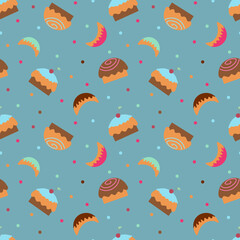 Wallpaper with cupcakes, sweets and sweet horns on a blue background. Textile Background with sweets for fabric, wrapping paper or background.