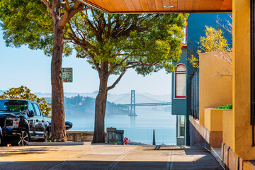 Beautiful panoramic view from the height of the Oakland Bay Bridge and the city. San Francisco, USA - 21 Apr 2021