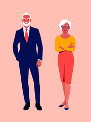 An elderly woman and a man are standing at full height. Stylish grandparents are smiling. Happy old age. Vector flat illustration