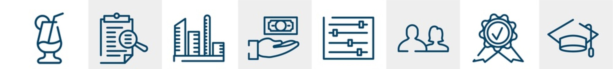 Obraz premium line icons such as cocktail, review, city, pay, control, graduation outline vector sign. symbol, logo illustration. linear style icons set. pixel perfect vector graphics.