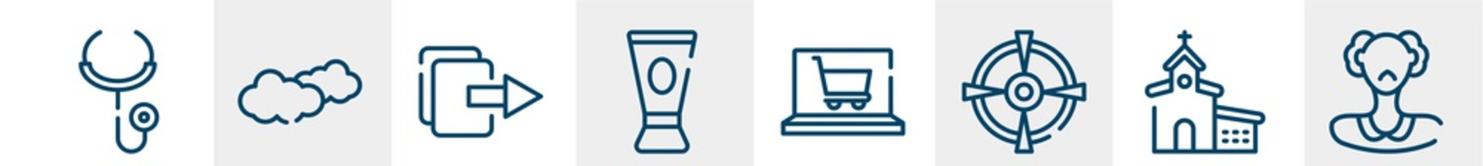 line icons such as stethoscope, flat, , cosmetics, online shop, old outline vector sign. symbol, logo illustration. linear style icons set. pixel perfect vector