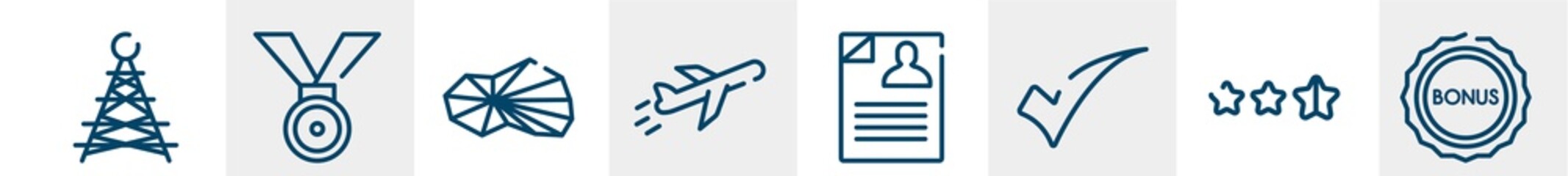 line icons such as tower, medal, stone, flight, cv, bonus outline vector sign. symbol, logo illustration. linear style icons set. pixel perfect vector graphics.