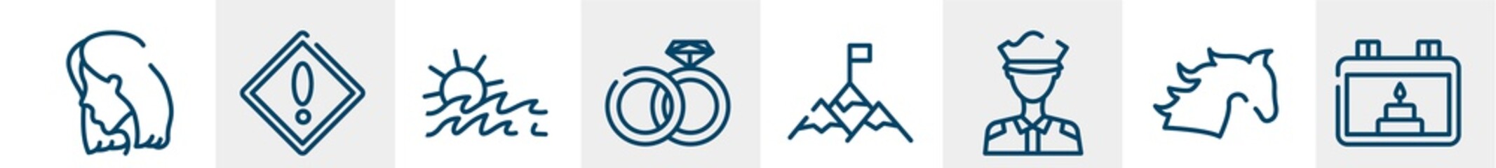 line icons such as hair, exclamation, sea, wedding, challenge, birthday outline vector sign. symbol, logo illustration. linear style icons set. pixel perfect vector graphics.