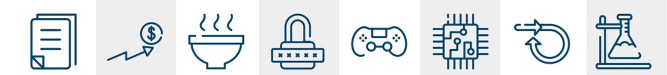 line icons such as file, sales, bowl, password, game, chemistry outline vector sign. symbol, logo illustration. linear style icons set. pixel perfect vector graphics.