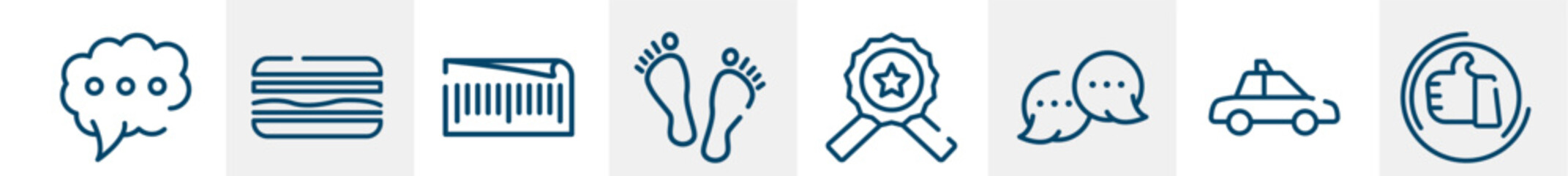 line icons such as speech, sandwich, barcode, foot, award, thumbs up outline vector sign. symbol, logo illustration. linear style icons set. pixel perfect vector graphics.