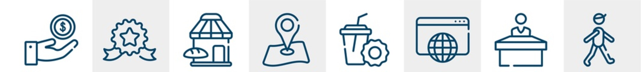 line icons such as donation, best, bakery, map location, snack, walking outline vector sign. symbol, logo illustration. linear style icons set. pixel perfect vector graphics.