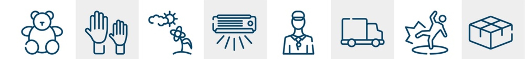 line icons such as toy, volunteer, spring, air conditioner, coach, package outline vector sign. symbol, logo illustration. linear style icons set. pixel perfect vector graphics.