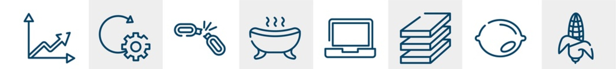 line icons such as trend, update, broken, bath, laptop, corn outline vector sign. symbol, logo illustration. linear style icons set. pixel perfect vector graphics.