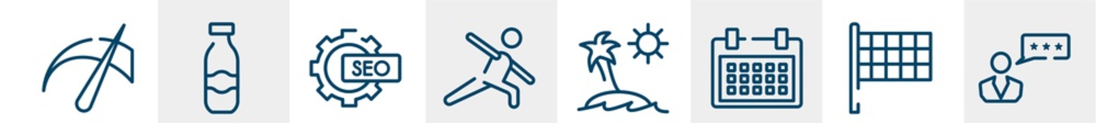 line icons such as meter, milk, seo, exercise, beach, feedback outline vector sign. symbol, logo illustration. linear style icons set. pixel perfect vector graphics.