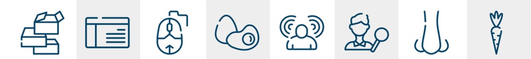 line icons such as boxes, interface, mouse, egg, awareness, carrot outline vector sign. symbol, logo illustration. linear style icons set. pixel perfect vector graphics.