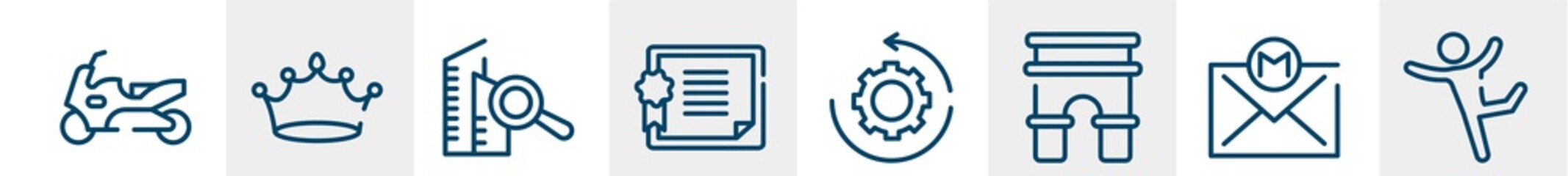 line icons such as motorcycle, king, real estate, license, progress, dance outline vector sign. symbol, logo illustration. linear style icons set. pixel perfect vector graphics.