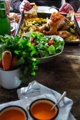 Grilled chicken and various vegetables on the wooden table. Selective Focus. Food Concept