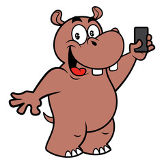 Cartoon illustration of Funny Big and Fat Hippo taking self-portrait with its smartphone and go sharing to social media, best for mascot or logo for smartphone accessories product