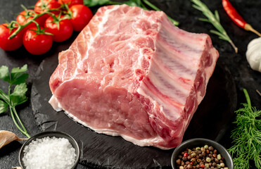 Raw whole pork steaks with ribs on stone background