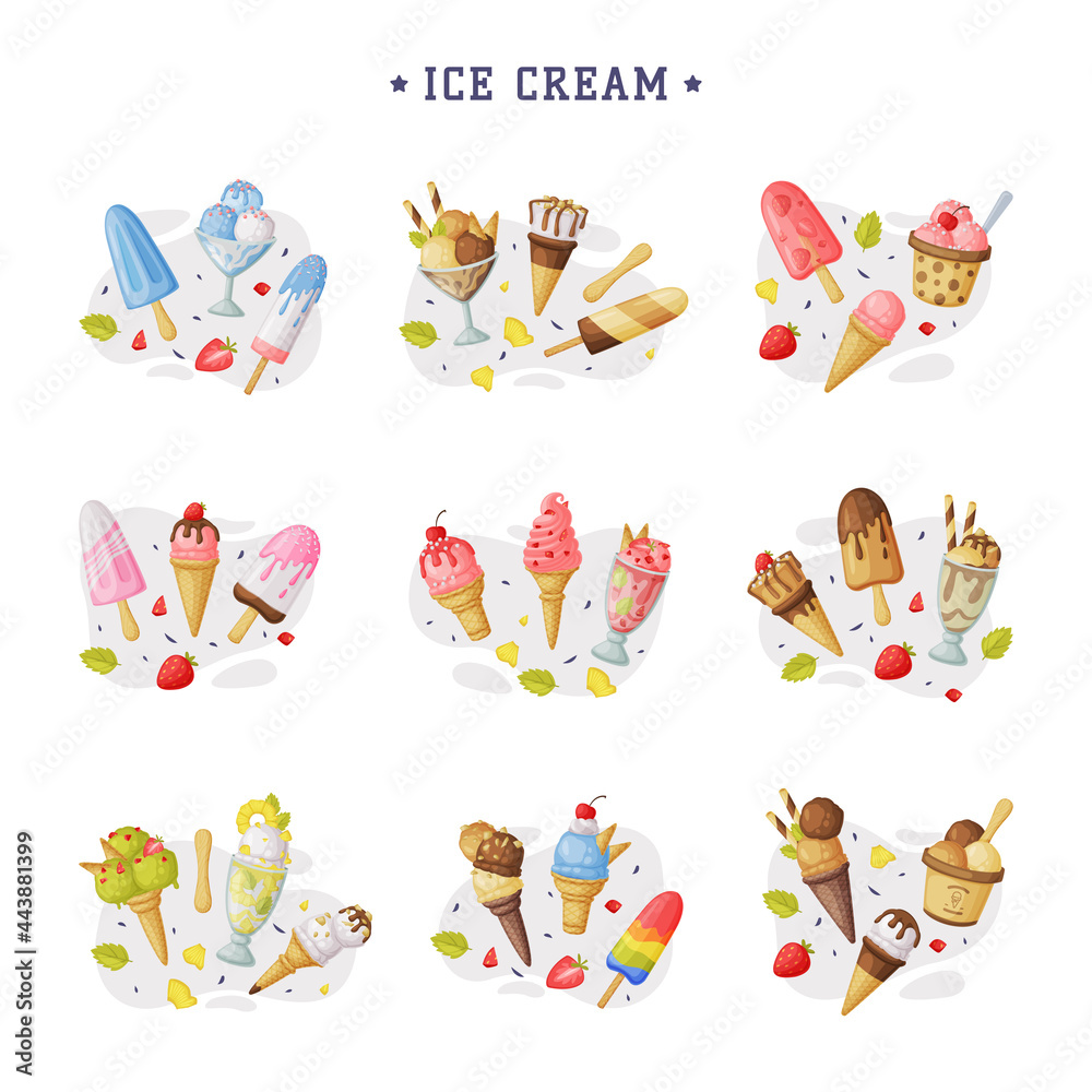 Sticker Ice Cream Set, Cold Sweet Tasty Desserts of Different Flavors Cartoon Vector Illustration