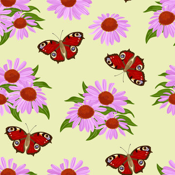 Purple flowers and red butterflies seamless pattern. Summer botanical background. Vector illustration of a blooming meadow in cartoon flat style.