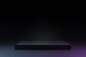 Simple blank luxury black gradient background with neon illuminate product display platform. Empty studio with rectangle podium pedestal on a black backdrop. 3D rendering