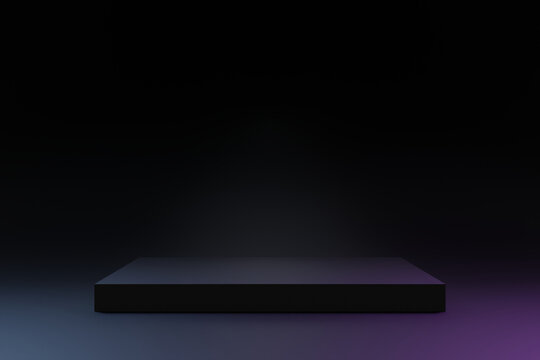 Simple blank luxury black gradient background with neon illuminate product display platform. Empty studio with rectangle podium pedestal on a black backdrop. 3D rendering © ptgregus