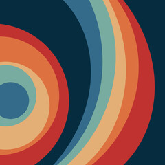 Abstract illustration of colorful retro style circles and arches in red, blue, orange and turquoise colors on navy blue background