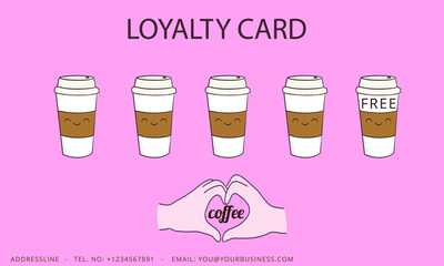 Loyalty card. Loyalty card with white cups of coffee to take away. Pink cute background. A heart. A place for your text.