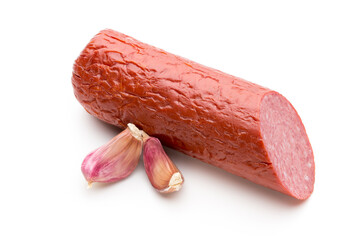 Salami smoked sausage, basil leaves on white background cutout.