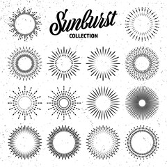 Vintage grunge sunburst collection. Bursting sun rays. Fireworks. Logotype or lettering design element. Radial sunset beams. Vector illustration.