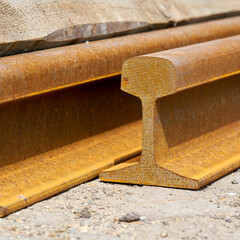 Nahaufnahme des Querschnitts einer rostigen Eisenbahnschiene auf einem Lagerplatz © Heiko 