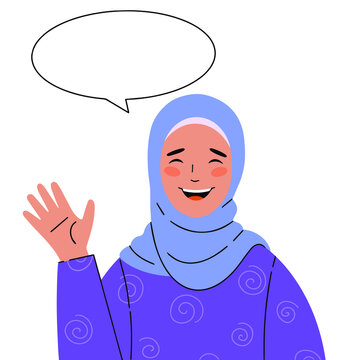 Illustration of a beautiful smiling Muslim woman in a headscarf with a welcoming gesture. The girl says hello!
