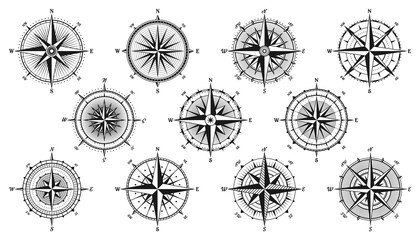 Vintage marine wind rose, nautical chart. Monochrome navigational compass with cardinal directions of North, East, South, West. Geographical position, cartography and navigation. Vector illustration.