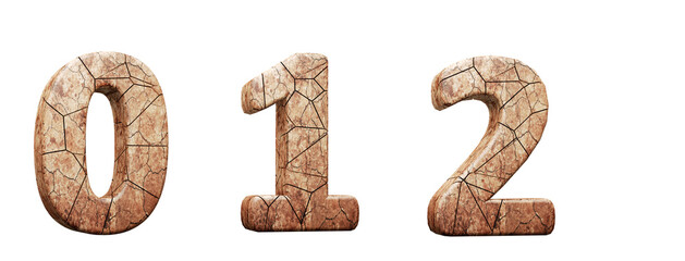 Dry land alphabet. Numbers 0, 1, 2 in 3d render. White background. Path save.