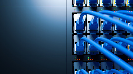 Internet Network Switch With Plugged Internet Ethernet Cables. Concept of Data Center, Cloud Computing and Telecommunications. 3d rendering