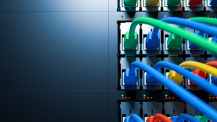 Internet Network Switch With Plugged Internet Ethernet Cables. Concept of Data Center, Cloud Computing and Telecommunications. 3d rendering