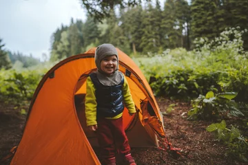 Gordijnen Child with camping tent travel family vacation outdoor in forest adventure lifestyle toddler hiking with parents © EVERST