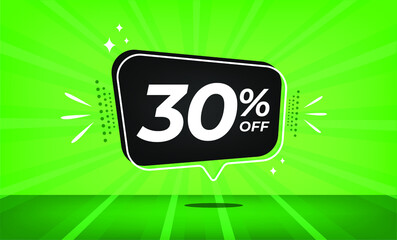 30% off. Green banner with thirty percent discount on a black balloon for mega big sales.