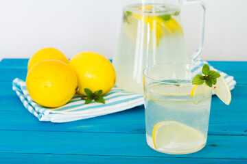 Bottle of fresh drink with lemon and mint flavour, juice
