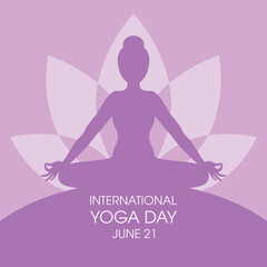 Fototapeta na wymiar International Yoga Day Poster with woman in yoga position silhouette vector. Meditating woman purple icon vector. Young woman in sitting yoga lotus pose vector. June 21, Important day