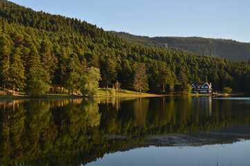 House on the lake in Bolu Gölcük National Park, reflection of trees and  house on lake
