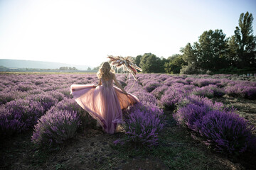 Back view of a beautiful girl walking in a lavender field on a sunny day. Wedding and travel...